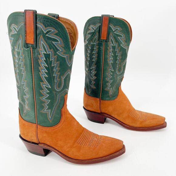 Vintage Lucchese Green Camel Tan Snip Toe Western Stitching Cowgirl Boot size 8 - Picture 1 of 11